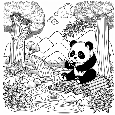 A Panda Plays In Nature Coloring Page