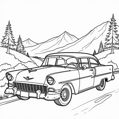An Aesthetic Classic Car With A View Of The... Coloring Page