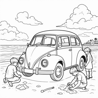 A Classic Vw Car With A Beach View Coloring Page