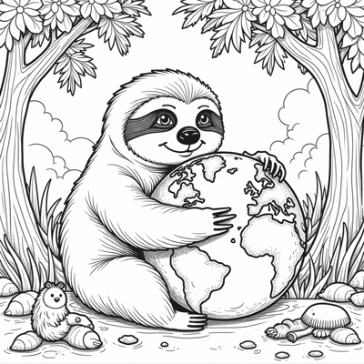 Sloth Hug Earth Coloring Coloring Page