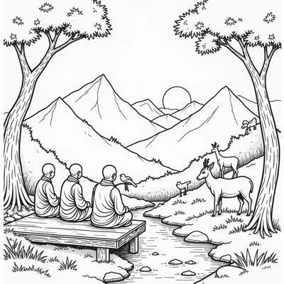 A Detailed Scene Of A Mountain Retreat Where Monks... Coloring Page