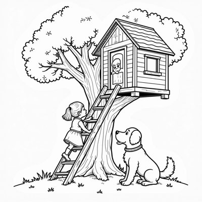 Two Children Climbing A Tree House. Coloring Page