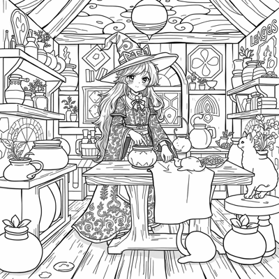 A Very Beautiful Anime Witch Girl Brewing Potion... Coloring Page