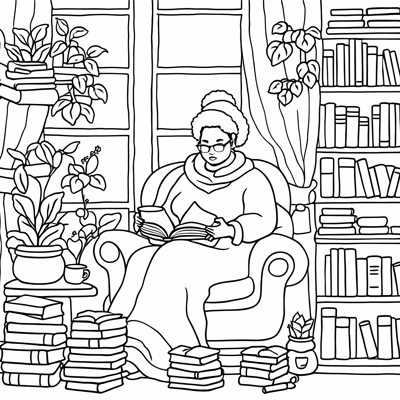 African American Plus Size Woman In A Cozy Library... Coloring Page