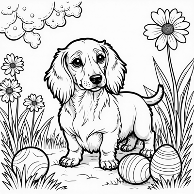 A Longhaired Dachshund With Easter Eggs Coloring Page