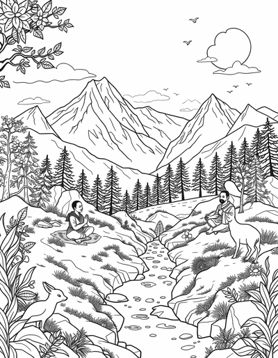 A Detailed Scene Of A Mountain Retreat Where Monks... Coloring Page