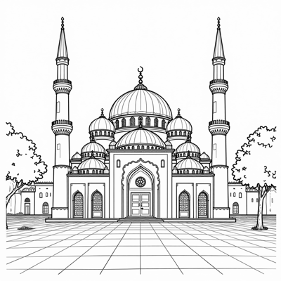 A Beautiful Mosque In The Middle Village Coloring Page