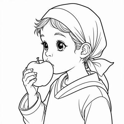 The Girl In A Headscarf Is Eating An Apple. Coloring Page