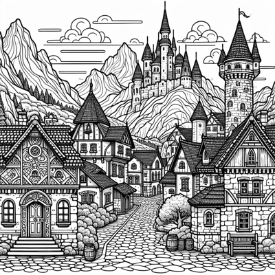 A Nice Medieval Town With Mountains Behind Coloring Page