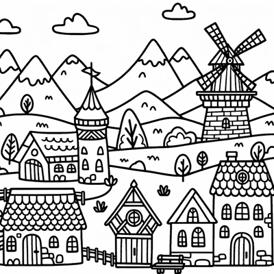 A Nice Medieval Town With Mountains Behind Coloring Page