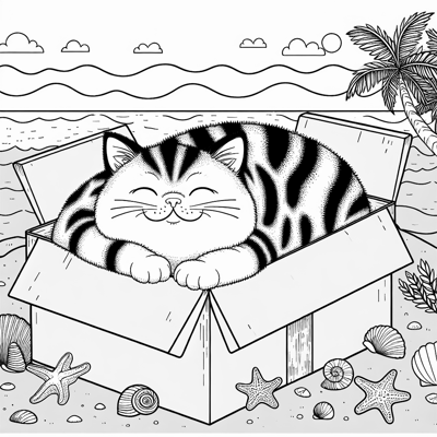 Fat Tabby Cat In A Box On The Beach Coloring Page