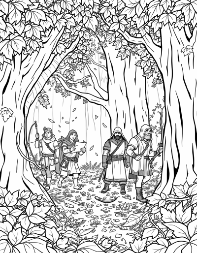 Detailed RPG Party Traveling Through A Forest Coloring Page