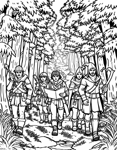 Detailed RPG Party Traveling Through A Forest Coloring Page