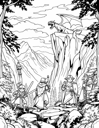 Detailed RPG Party Traveling Battling A Dragon Coloring Page