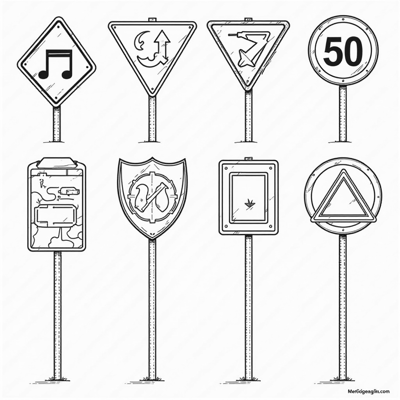 Traffic Signs And Their Names One By One. Coloring Page