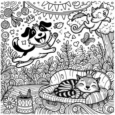 Dog Day And Cat Nap Playing Together Coloring Page