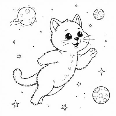 A Cat In Outer Space Floating Coloring Page