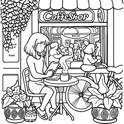 A Girl Sitting At A Small Table In Front Of A... Coloring Page