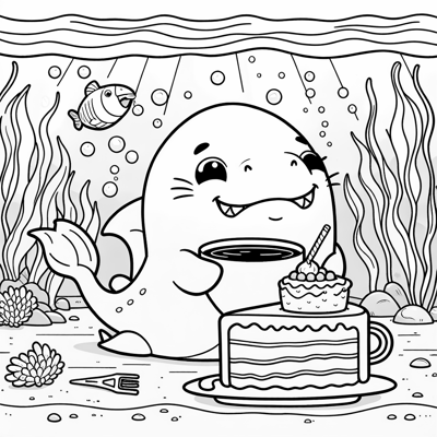 Shark Eating A Cake And Drinking Coffee Coloring Page