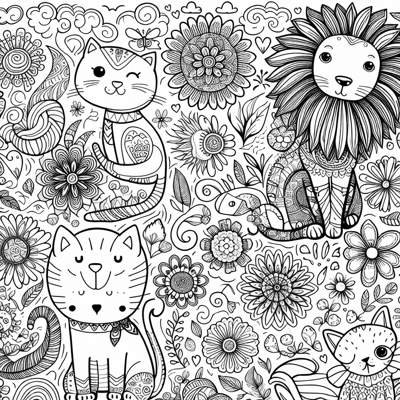 Cat Cloud Dog Lion Flowers Coloring Page
