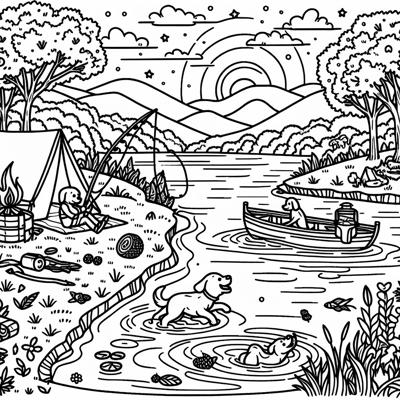 Camper Down By The River Fishing Picking Berries... Coloring Page