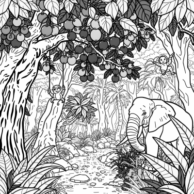 Peaceful Animal Kingdom In A Rain Forest Full Of... Coloring Page