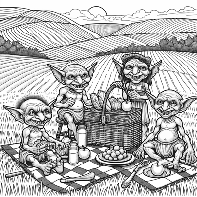 A Group Of Goblins Enjoying A Picnic After A Day... Coloring Page