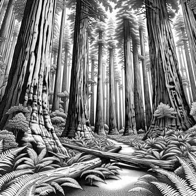A Grove Of Towering Redwood Trees Their Massive... Coloring Page