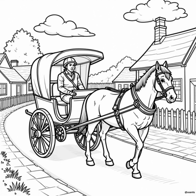 A Carriage With A Horse On The Village Road Coloring Page