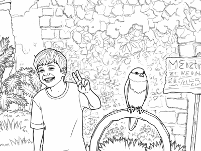 A Young Boy Is Standing In Front Of A Green Wall... Coloring Page