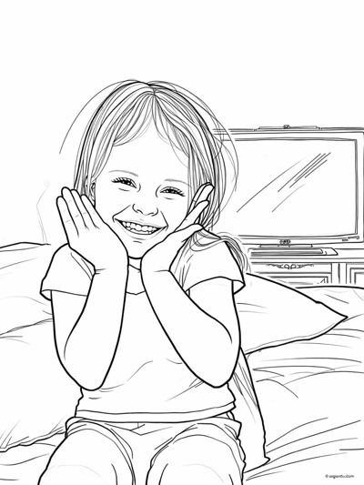 A Young Girl Is Sitting On A Bed Smiling And... Coloring Page