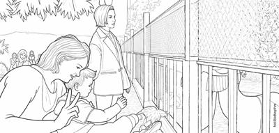 A Woman And Two Children Are Standing In Front Of... Coloring Page