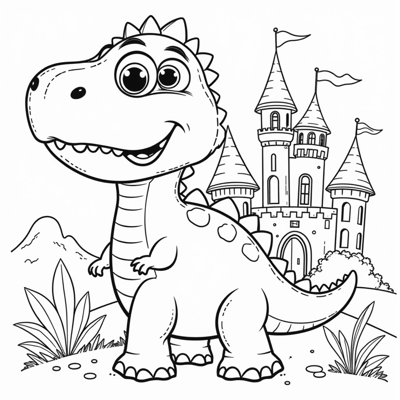 A Dinosaur In Front Of A Castle. Coloring Page