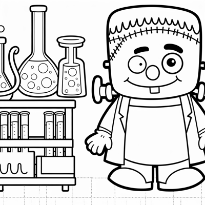 Cartoon Frankenstein Experiment Laboratory Coloring Page