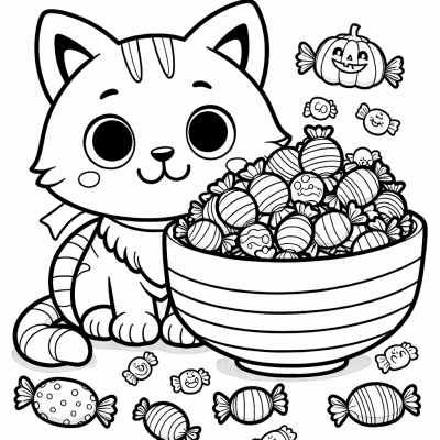 Cartoon Cat Sitting Next To A Bowl Of Halloween... Coloring Page