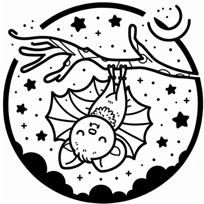 Cute Cartoon Bat Hanging Upside Down On A Tree... Coloring Page