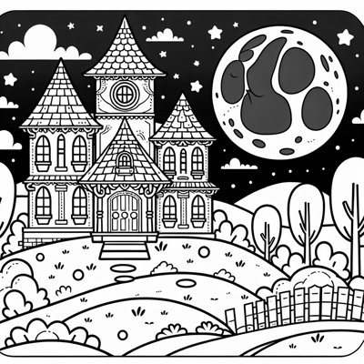 Cartoon Haunted House On A Hill Full Moon Coloring Page