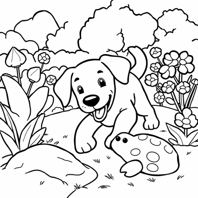 Labrador Chasing A Mole In A Garden Coloring Page