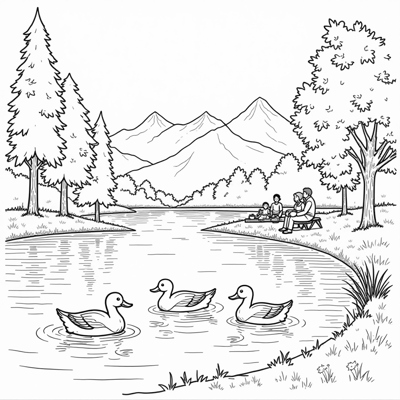 The Baby Swims In The Lake. Coloring Page