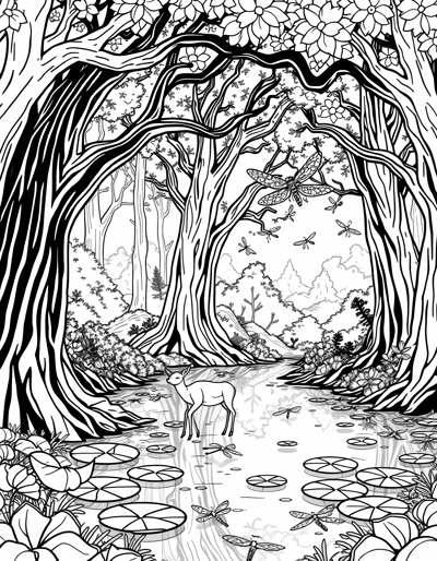 Mystical Forest Lake A Peaceful Lake Surrounded By... Coloring Page