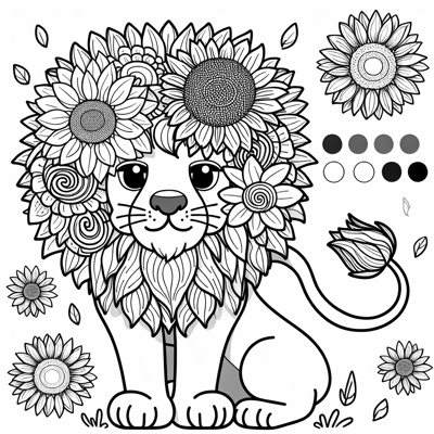 Lion Facing Forward With A Sunflower Mane Coloring Page