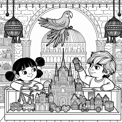 Two Kids In A Toy Store With A Parrot Coloring Page