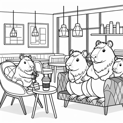 Capybaras Sitting In A Cozy Coffee Shop Coloring Page