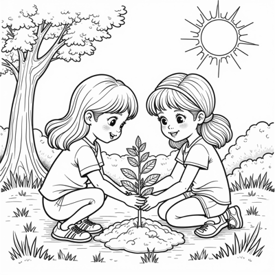 Two Girls Planting A Little Tree Coloring Page