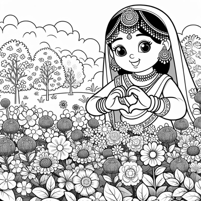 A Princess In A Flower Garden With Heartshaped... Coloring Page
