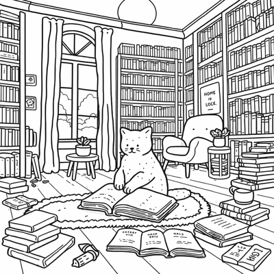 A Cat In A Room Reading A Book Coloring Page