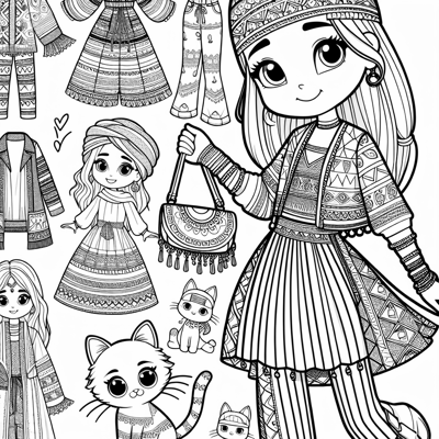 A Stylish 8 Year Old Girl With A Small Cat Coloring Page