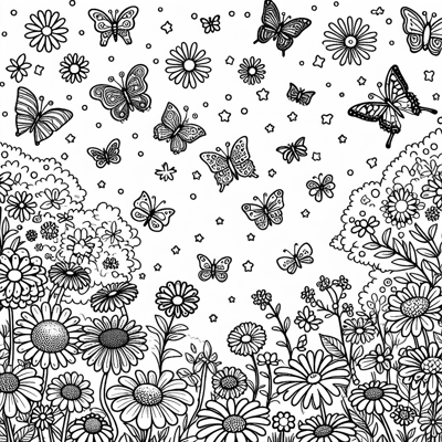 A Garden Full Of Colorful Flowers And Butterflies... Coloring Page