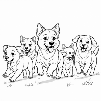 A Picture Of Many Dogs And Cats Playing In A Field Coloring Page