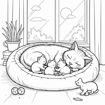 A Mumma Cat And 5 Kittens Laying In A Cat Bed. Coloring Page